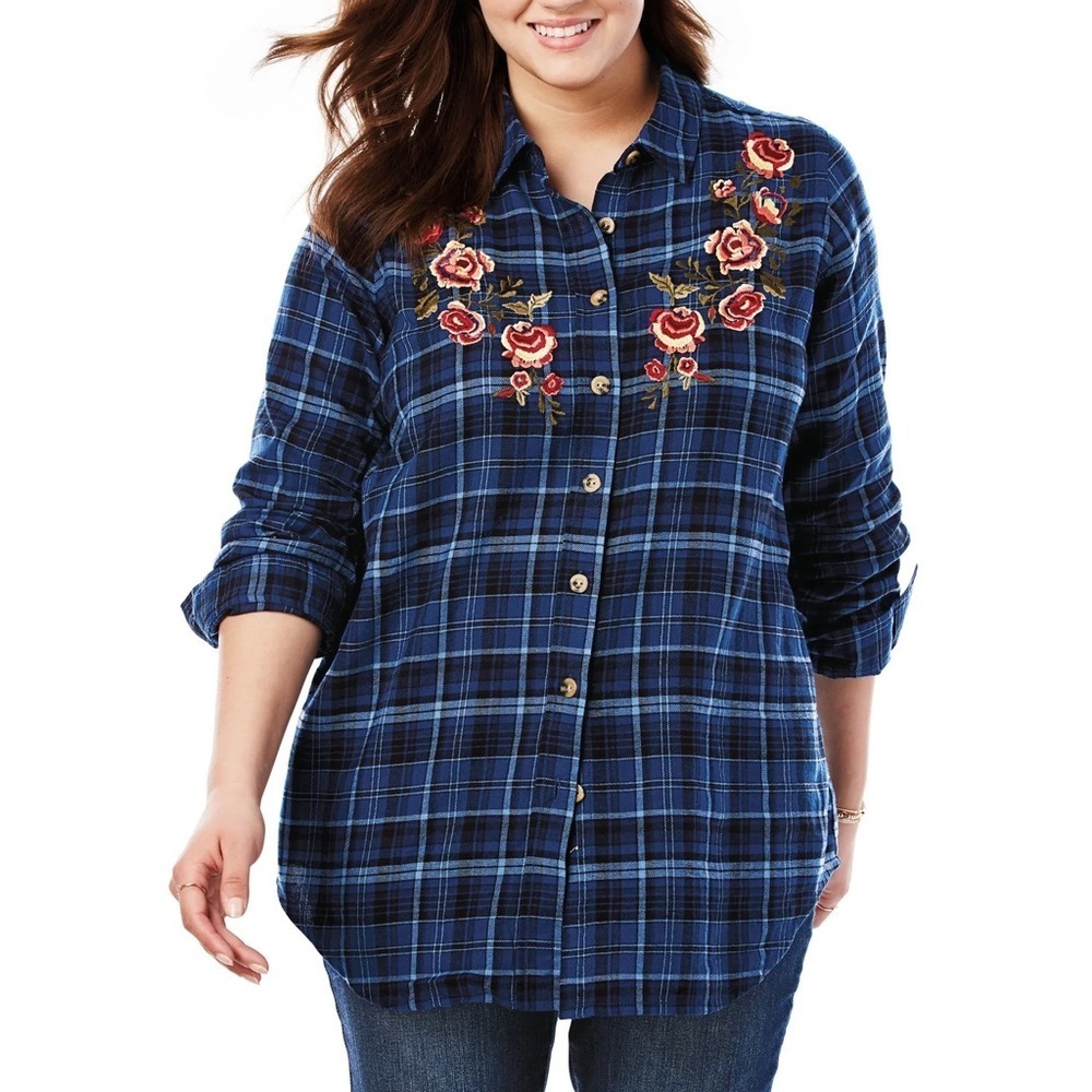 Woman Within Women's Sz Medium 14/16 Button Down Flannel Blue Embroidered Floral